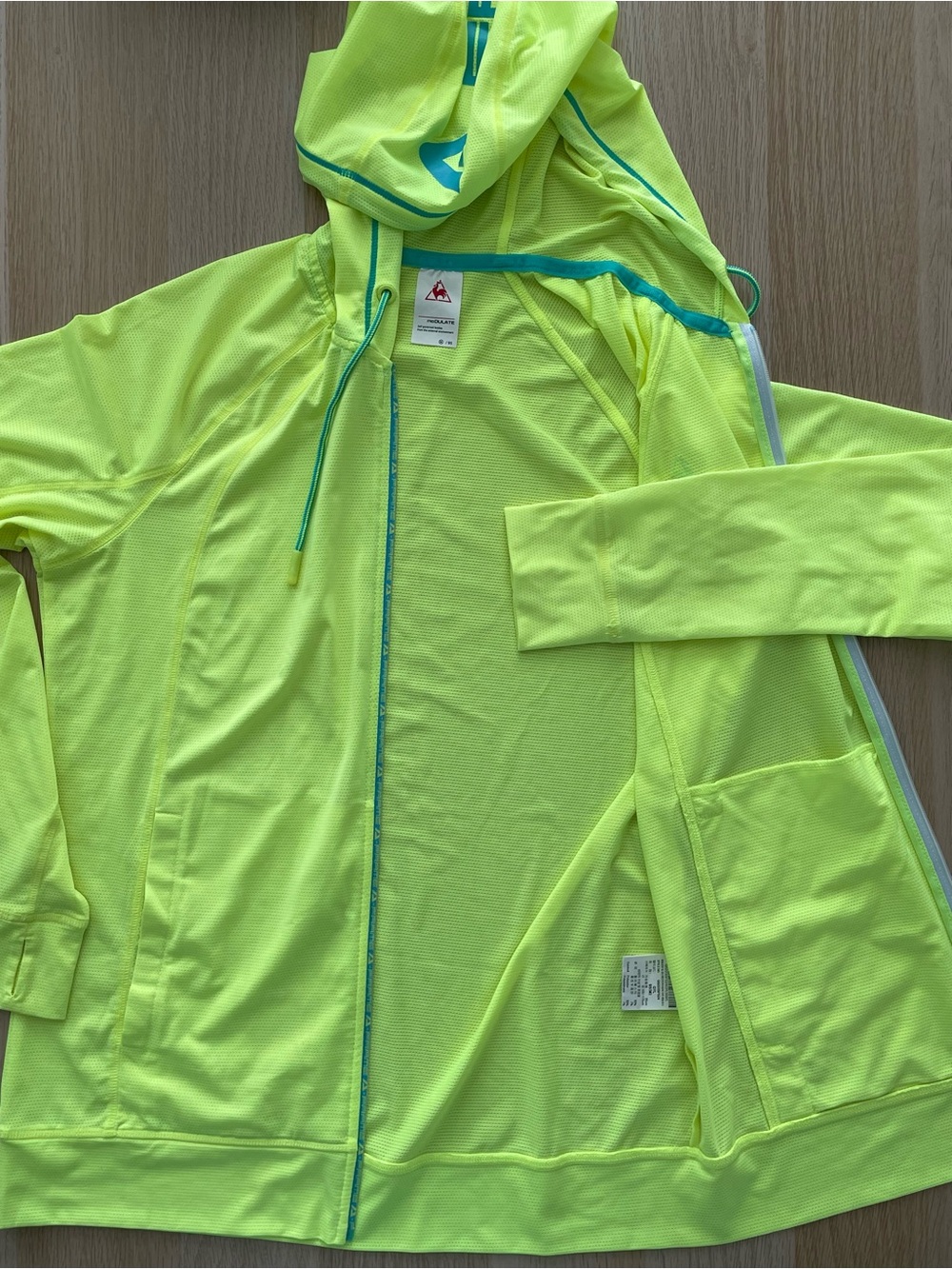 Vintage Le Coq Sportif Neon Yellow Hooded Zip-Up Jacket with Teal Trim - Picture 2 of 5